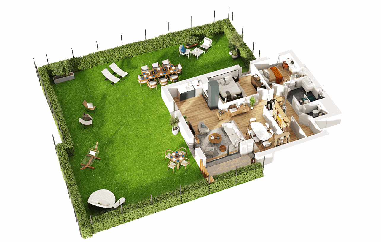 Plan 3D du T3 en rez-de-chaussée avec jardin privatif