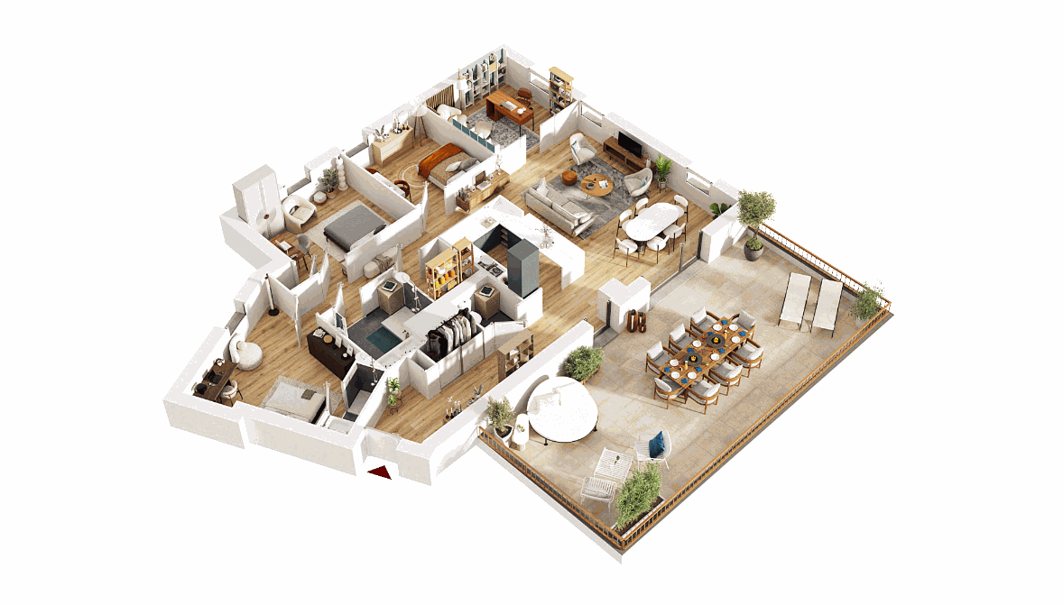 Plan 3D du T5 avec terrasse de 49 m²